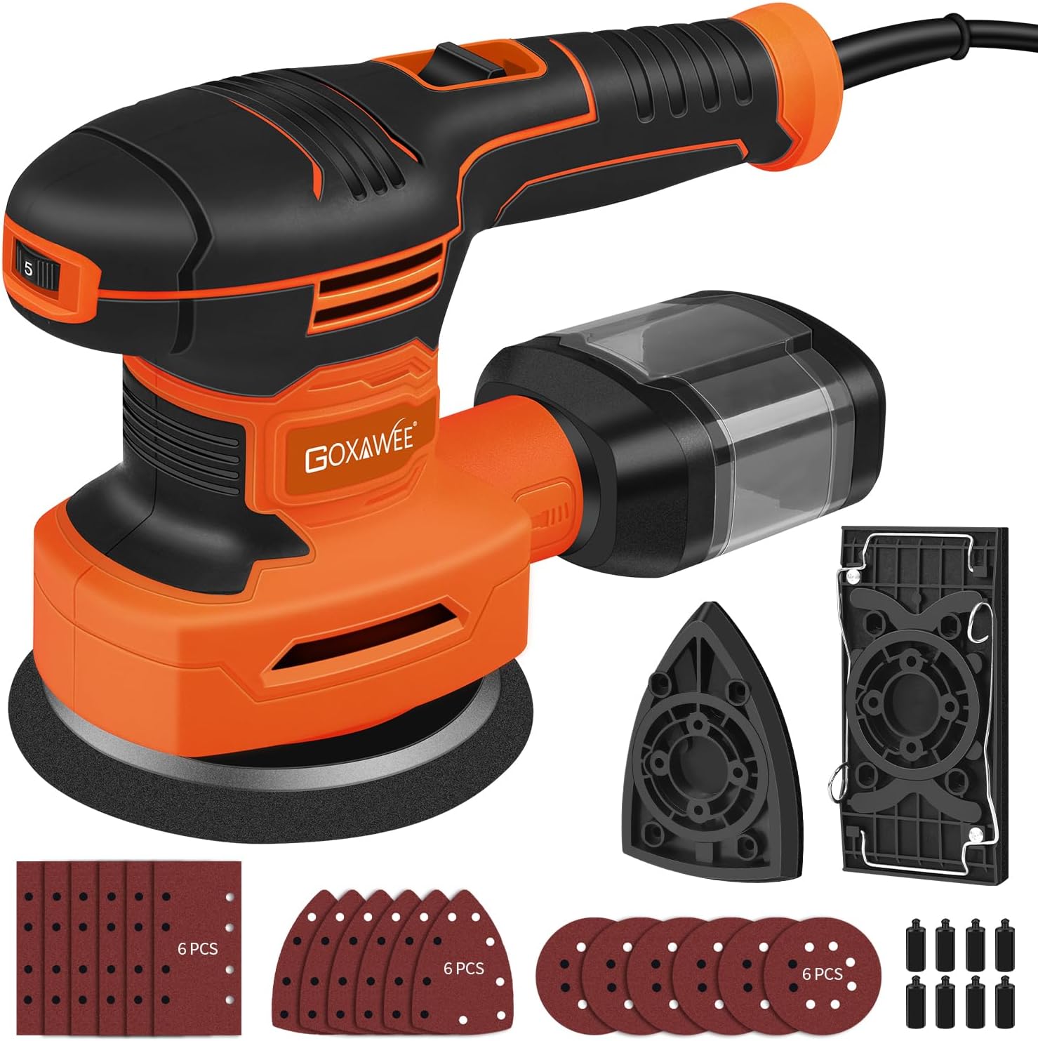 GOXAWEE 3 in 1 Orbital Sander, 450W 125mm Random Orbit Sander with 6 Variable Speed, 3 Model Sanding Heads (Rectangular/Triangular/Round), 18pcs Sandpapers, Electric Sander with Dust Collection Box