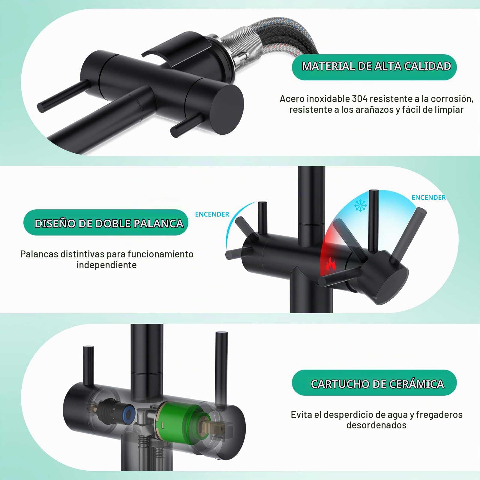 CREA Grifo Negro de Cocina de 3 vías con Ducha extensible, con 2 palancas | 3 en 1 Grifo de Agua Potable Para Cocina, Grifo mezclador de cocina, Grifo de Fregadero de Agua filtrada de ósmosis inversa