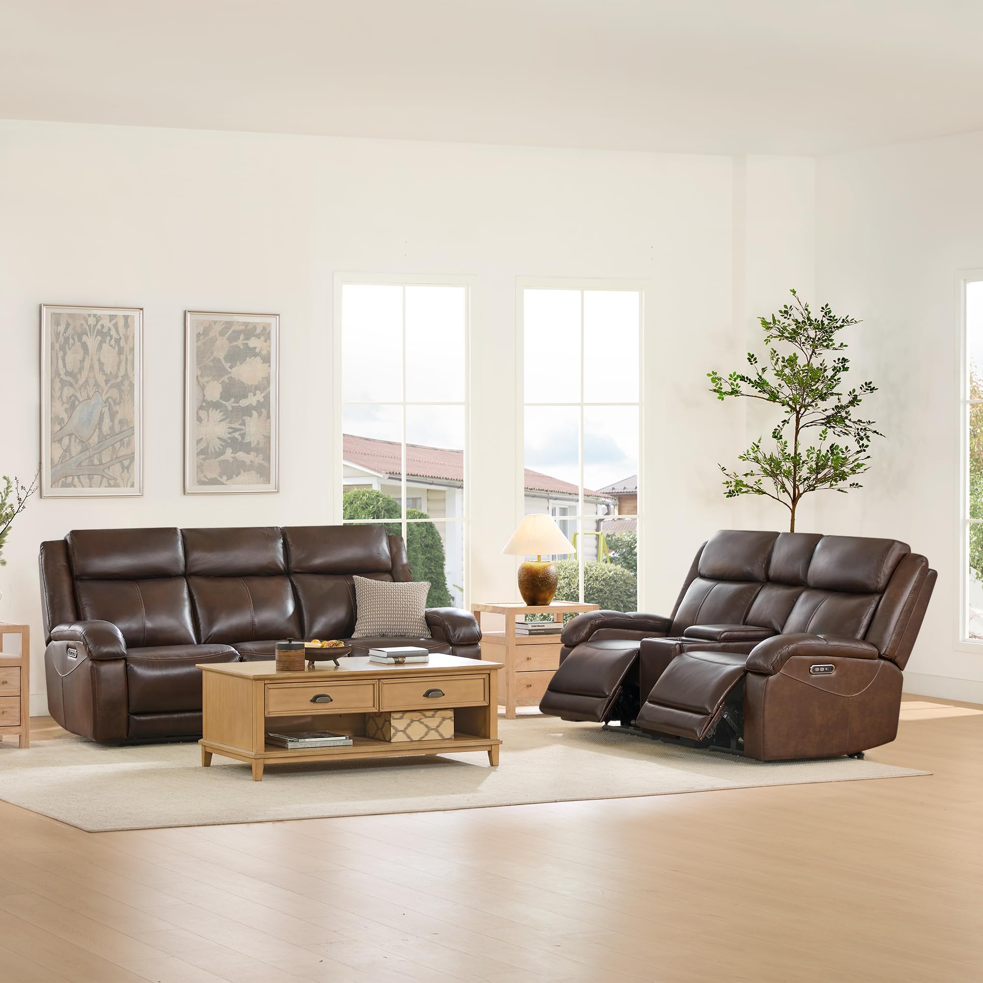 Watson & Whitely Power Reclining Sofa and Loveseat Sets, Genuine Leather Sofa Recliner Couch Set with Power Headrest, Storage Console, USB Ports, Cup Holders, Living Room Furniture Set, Dark Brown