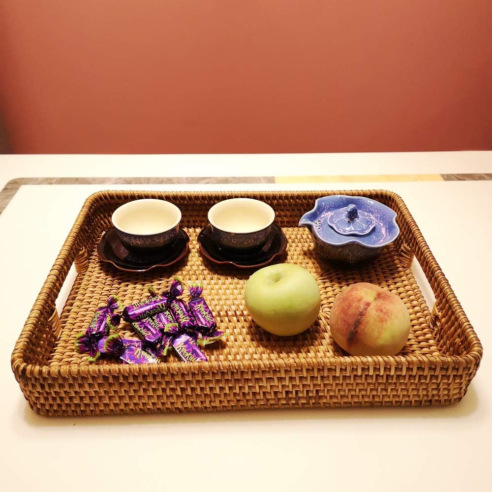 i-lan 17 Inch Oversize Handmade Rectangular Serving Trays with Cutout Handles and 2.3” Wall,Decorative Rattan Woven Storage Baskets Organizer Plate Tray for Bread,Fruits,Catch All Dish,XL,Brown - Image 6