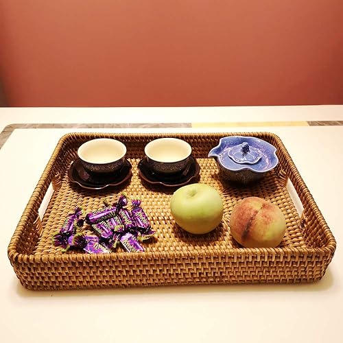 Miniatura 6 de i-lan Paquete de 2 bandejas de mimbre natural profundo de gran tamaño con asas y pared de 2.3 pulgadas, bandeja rectangular de oficina de ratán de