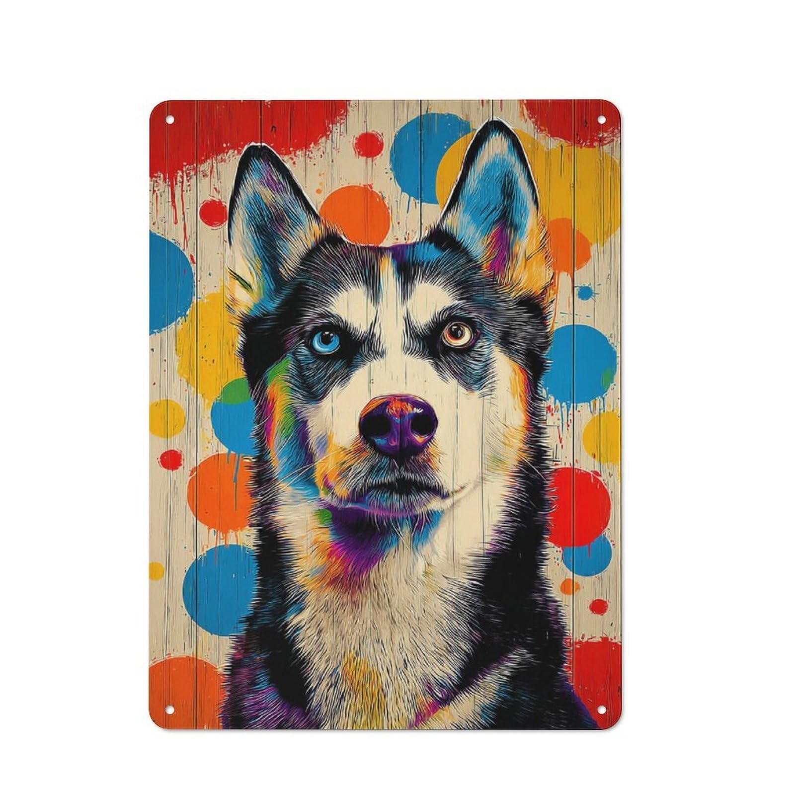 Junmoney Colorful Husky Portrait Art Shop Front Style Decorative Metal Plaque 40X30cm, Shop Wall Decor For Cafe, Bistro, Bakery Or Restaurant