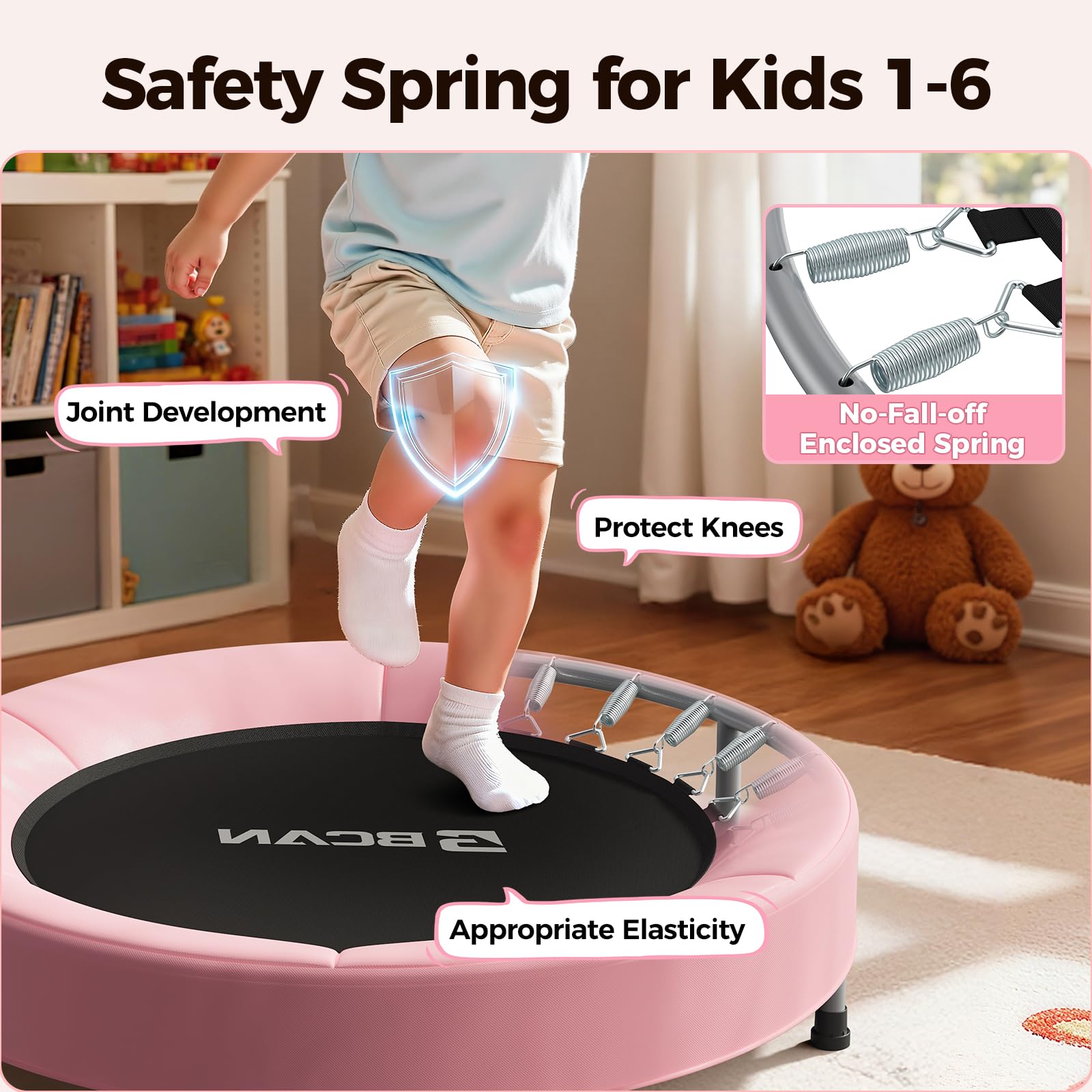 BCAN Trampolina dla małych dzieci, 91 cm, certyfikat ASTM, uchwyt piankowy i bezpieczna, pogrubiona osłona, mini trampolina dla dzieci w pomieszczeniach, łatwy montaż