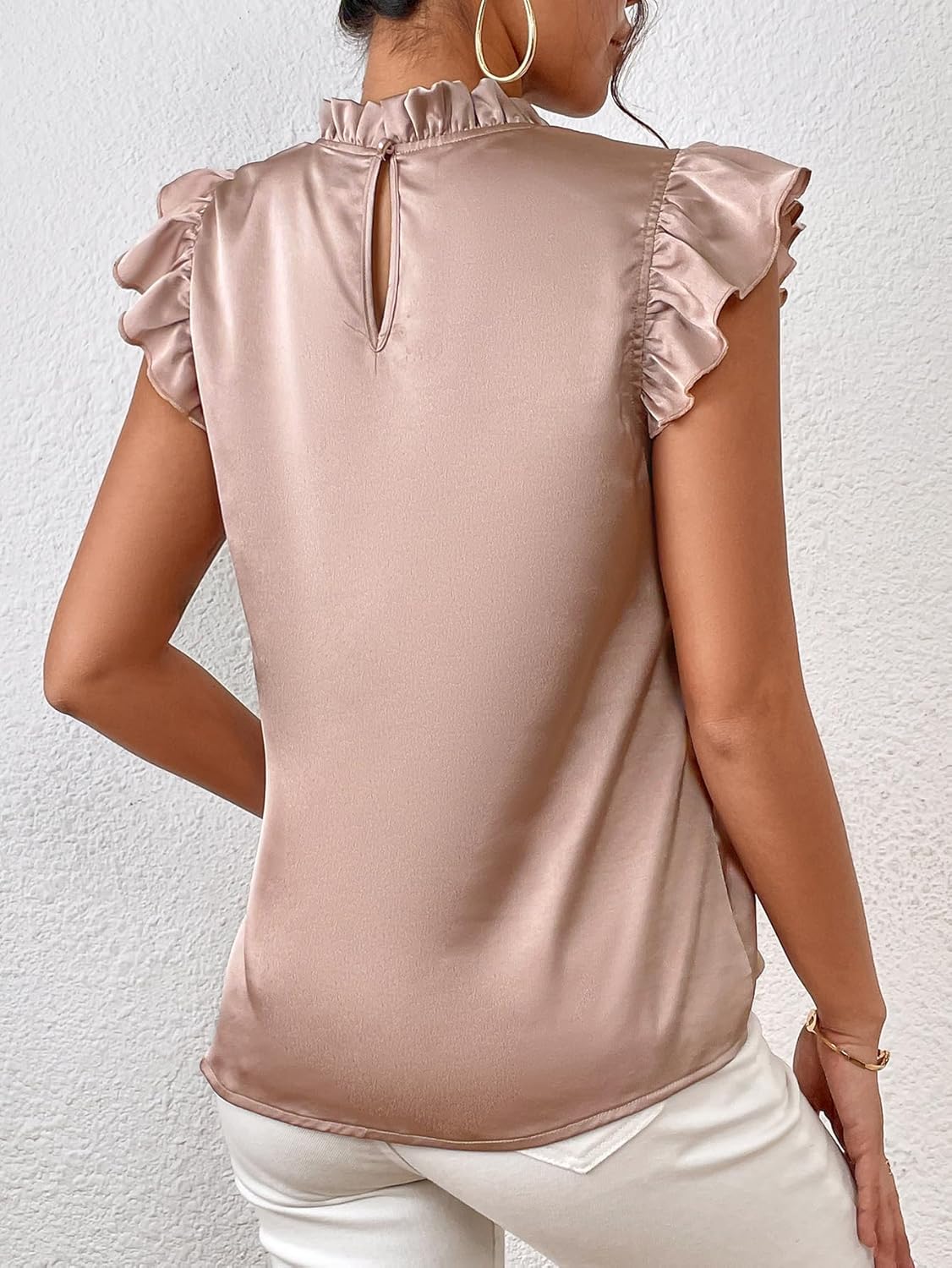 SweatyRocks Women's Elegant Mock Neck Ruffle Trim Tops Butterfly Sleeve Summer Office Blouses - Image 2