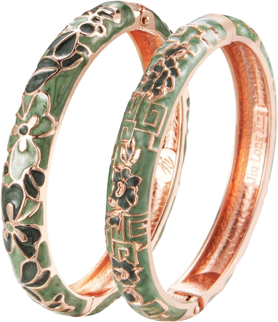 UJOY Vintage Cloisonne Bracelets Cuff Metal Bangles Indian Flower Pink Enameled Jewelry Box for Women