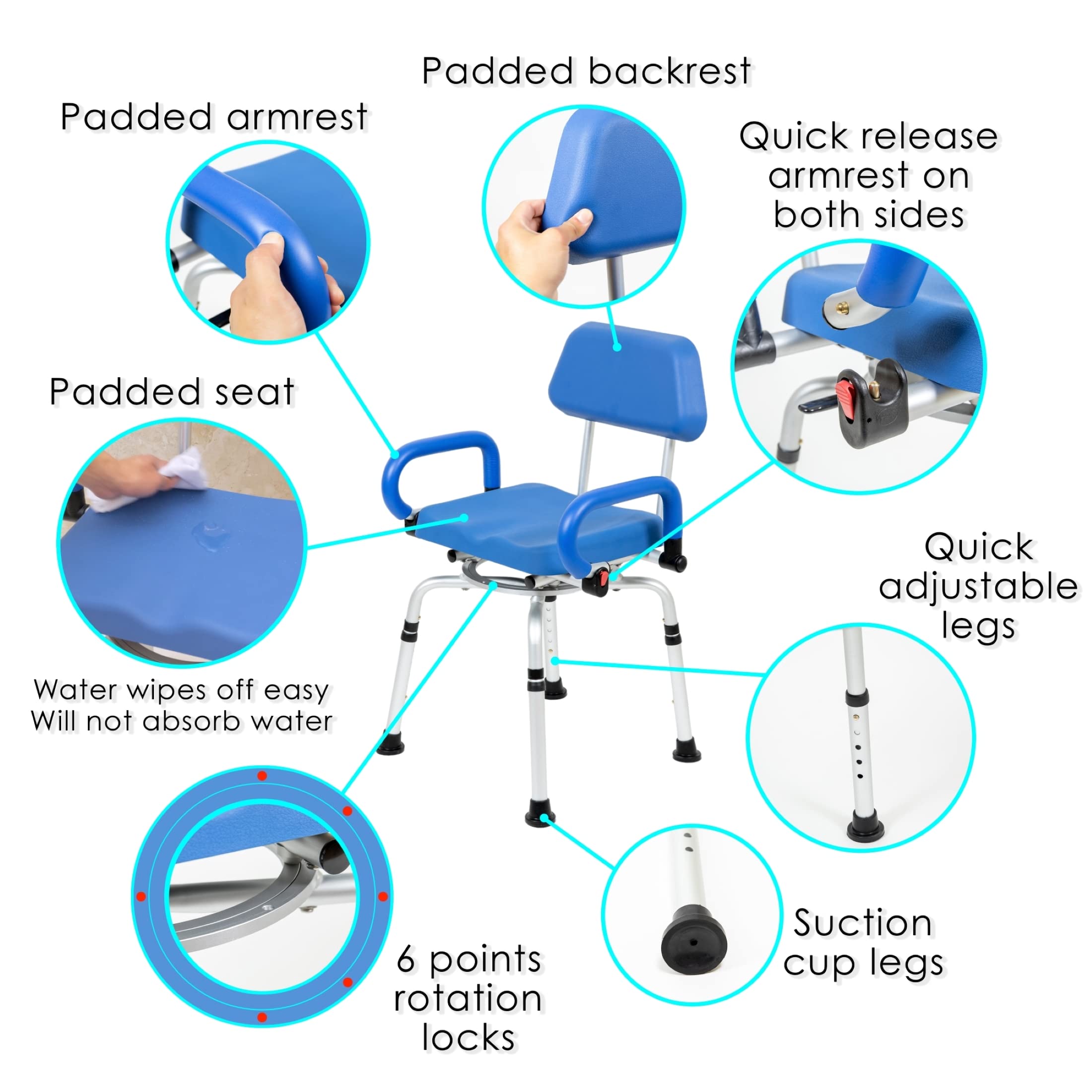 iLIVING ILG-638 - Silla de Ducha giratoria giratoria para bañera y Ducha con Asiento Acolchado, Respaldo y Brazos, Altura Ajustable, Color Azul