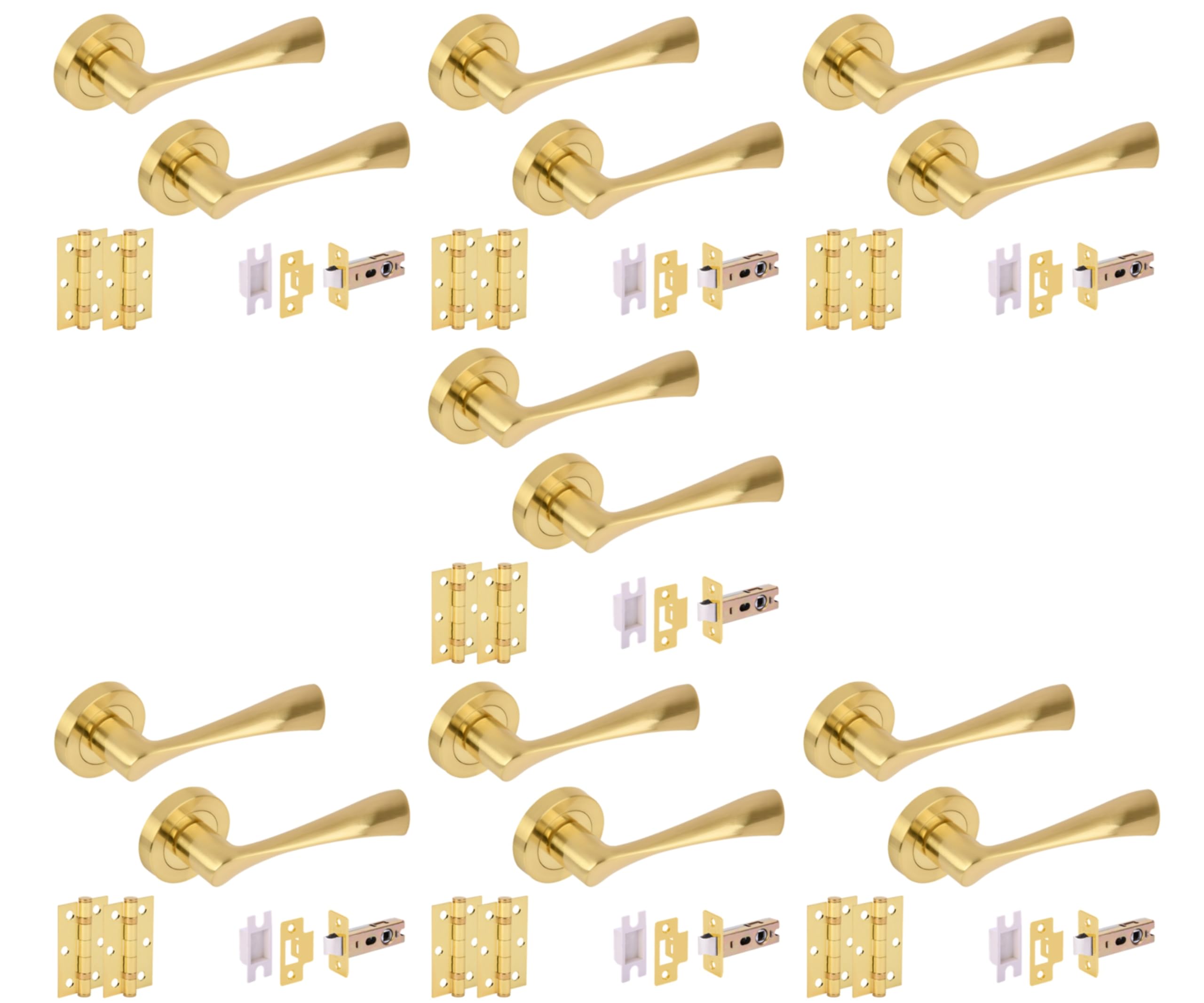 Hunta HANDLEZONE® 7 Sets Zena Internal Door Handles on Rose Lever Latch Packs with Ball Bearing Hinges - Brushed Brass