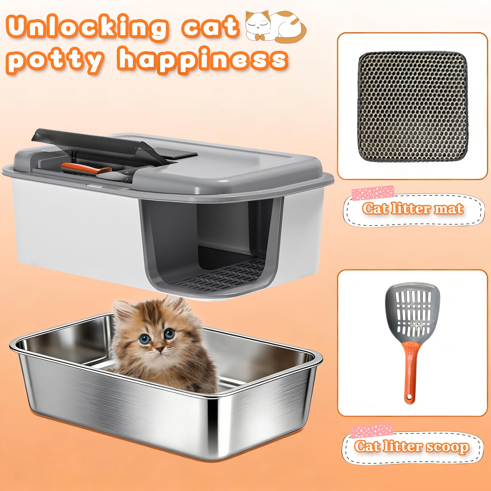 XXL Stainless Steel Litter Box With Litter Mat and Litter Scoop , Extra Large 25.98"L*18.5"W*15.35"H Cat Litter Boxs, Jumbo Enclosed Removable Litter Box High Sides For Big Cats, Easy to Clean（Gray） - image 5