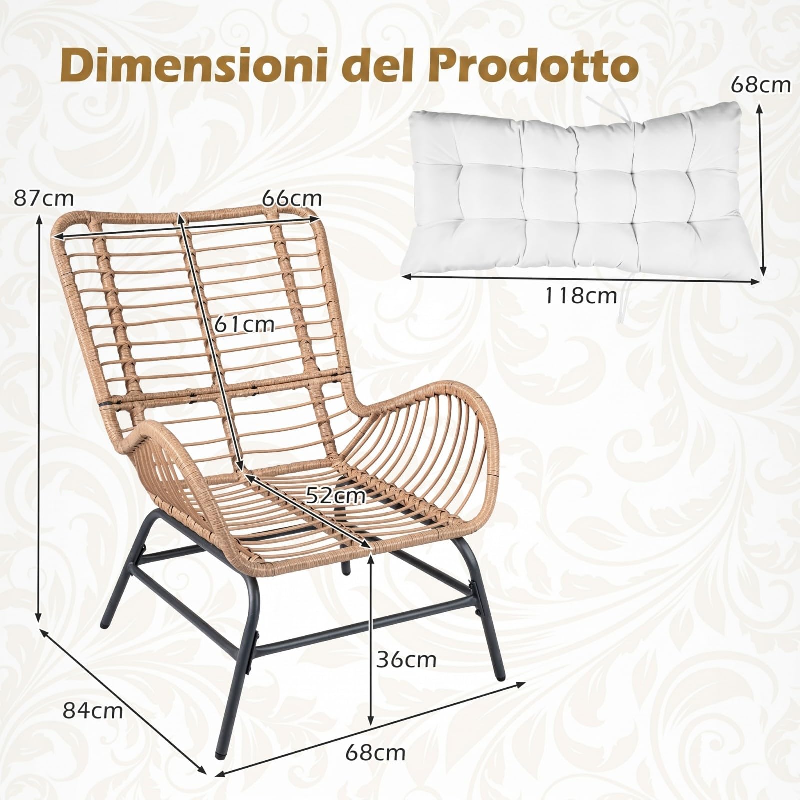 COSTWAY Poltrona Relax da Giardino, Sedia in Rattan con Cuscino Morbido, Telaio in Metallo, Poltrona Ergononica in Rattan per Giardino, Balcone Soggiorno, Portata 180 kg (Bianco,1)