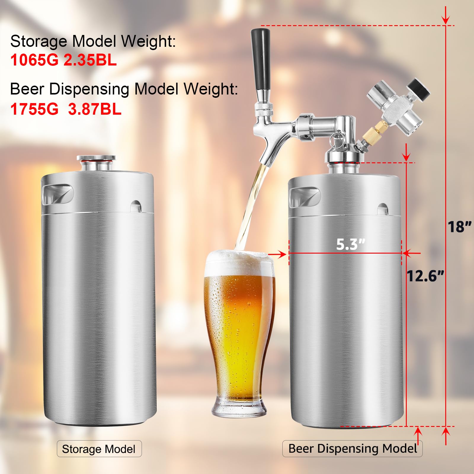 Mini-Fass-Growler, Edelstahl-Bierfass-Zapfhahn-System, tragbarer Bierspender zum Frischhalten und 55 PSI CO2-Druck, Kohlensäure, Bierzapf-System für selbstgebraut, Camping (silberfarben)