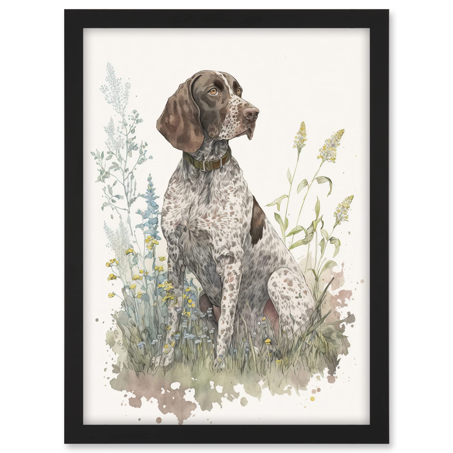 Artery8 German Pointer Dog Sitting in Field Modern Detailed Pastel Watercolour Illustration Artwork Framed A3 Wall Art Print