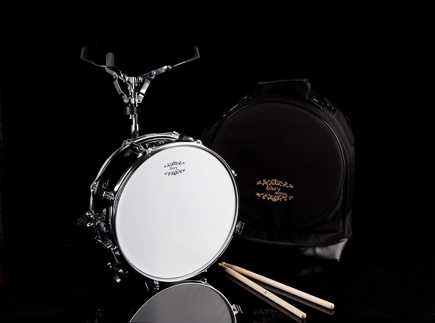 Glory Snare Drum Set With Case, Snare Drum Stand, Sticks, Practice Pad and Strap, for Beginners and Students,-Black