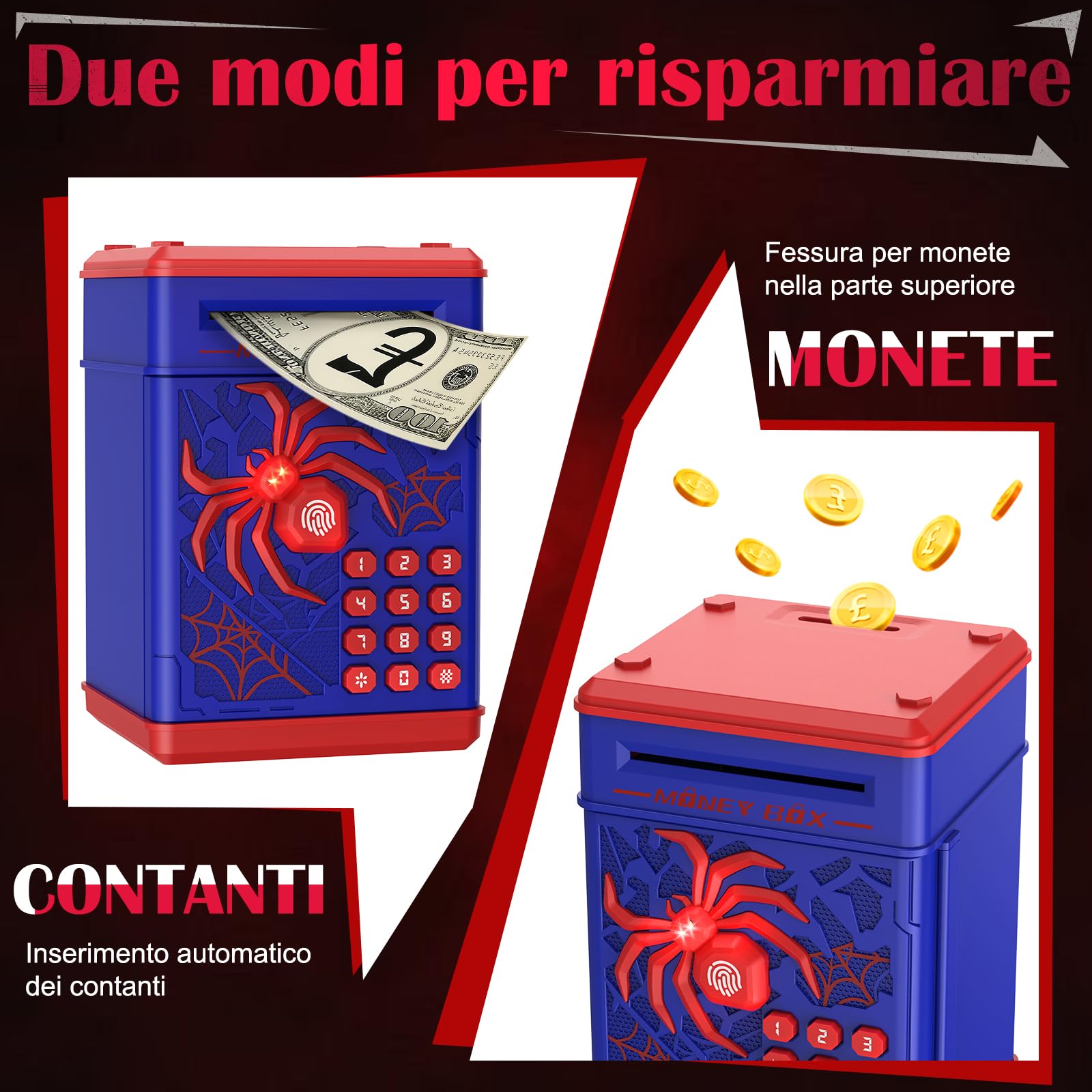 Yellcetoy Salvadanaio Elettronico per Bambini, Spider Cassaforte con Codice di Sicurezza e Musica, Compleanno Regali di Natale per Ragazzi Ragazze 3 4 5 6 7+ anni Blu