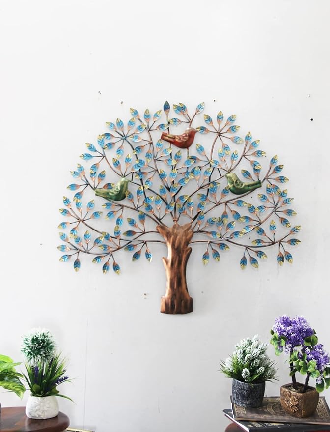 Malik Designs – Handmade Blue Tree With Birds Design | Wall décor for Living Room Bedroom | Metal art | 28×30 inches at Rs. 1799