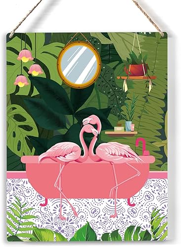 Letrero de madera para baño botánico, letreros de madera de flamencos rosados, placa colgante rústica, arte de pared para el hogar, 8 x 10 pulgadas,