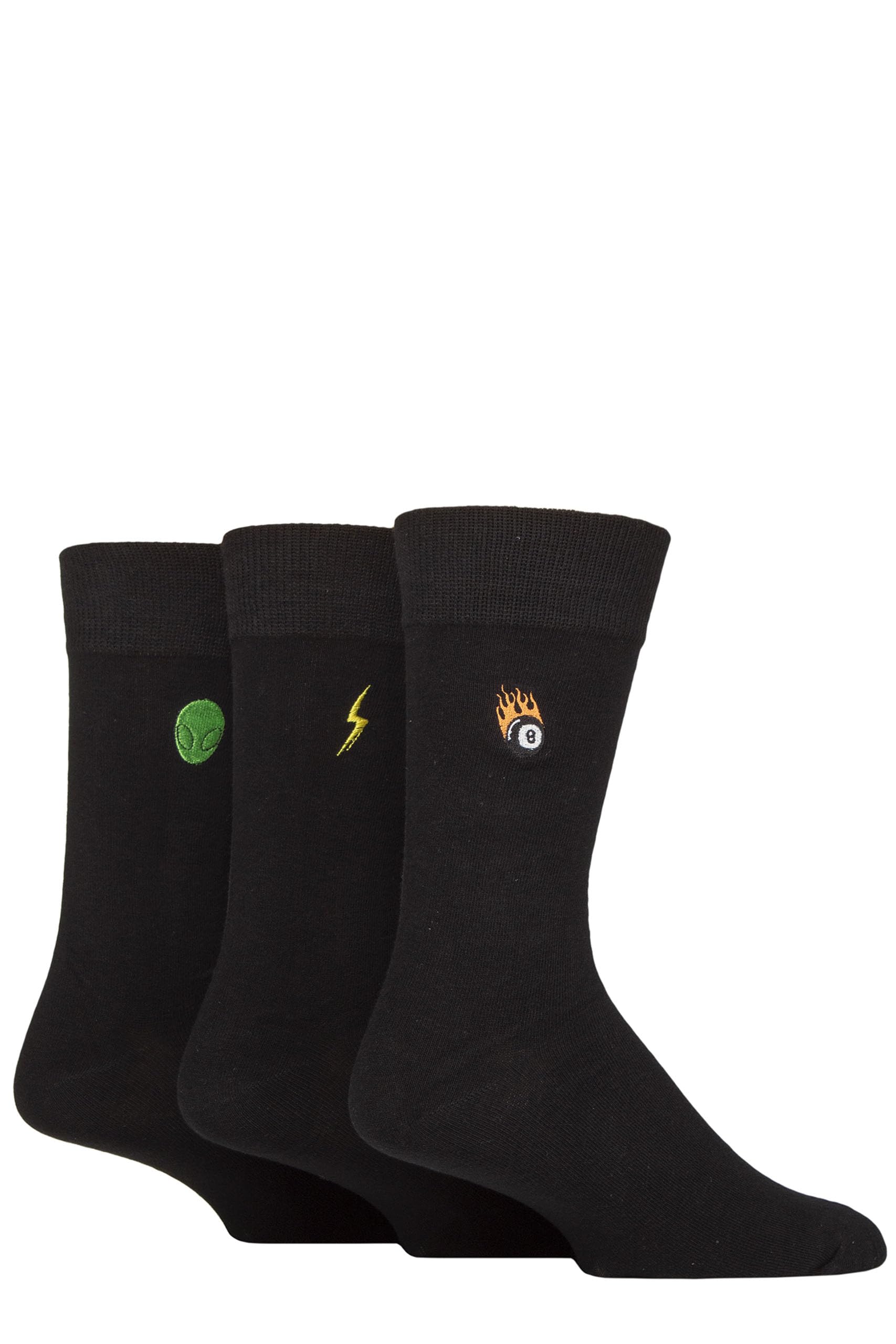 SockShop Wildfeet Mens Embroidered Socks Pack of 3 (UK, Numeric, 7, 11, Regular, Regular, 8 Ball/Lightning/Alien)