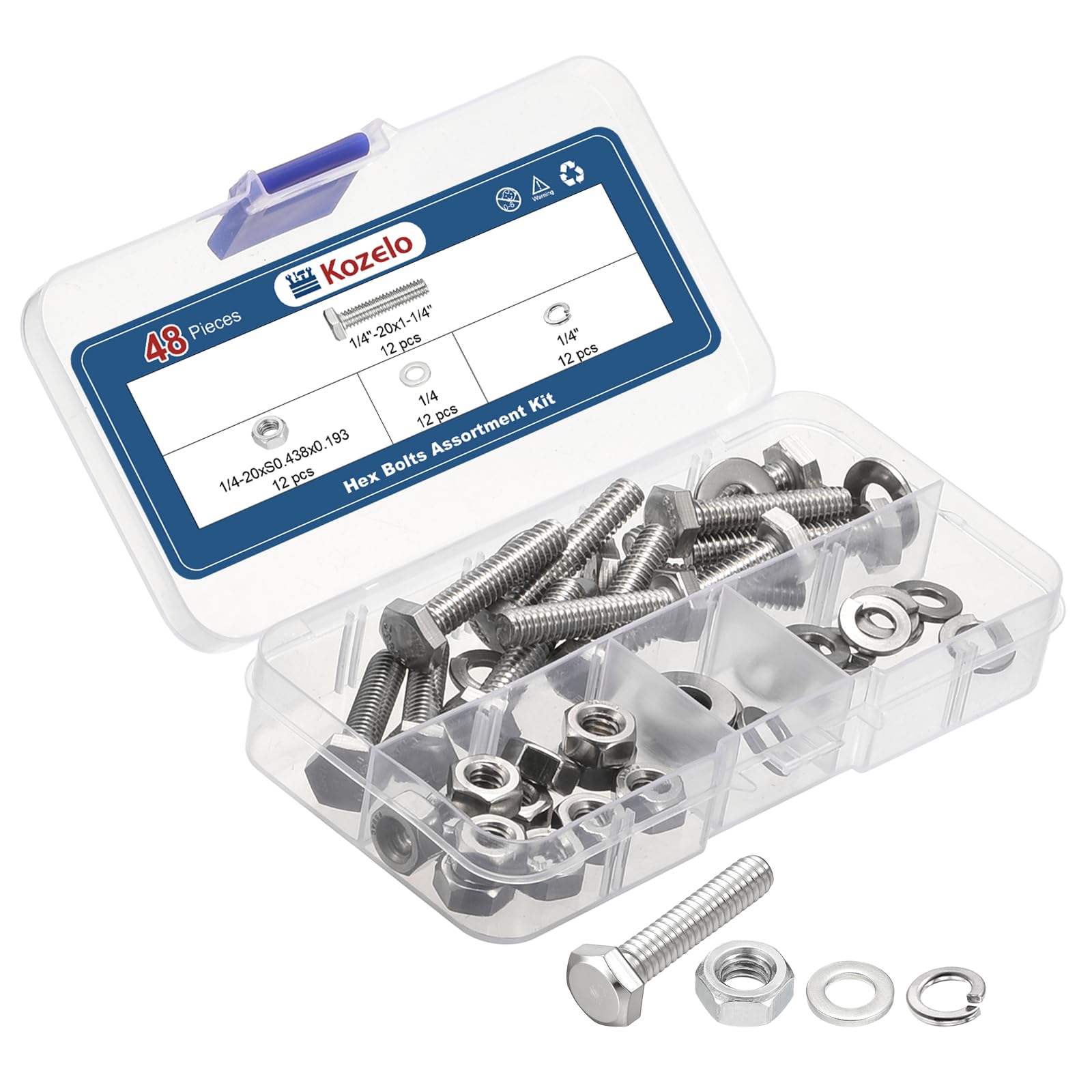 Kozelo 48 Pcs Bolts and Nuts Washers Kit - [1/4"-20x1-1/4"] 304 Stainless Steel Hex Tap Bolt Assortment Fully Threaded Hexagon Head Machine Bolts Right Hand, Silver Tone