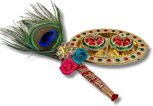 HALDI MEHENDI SHAADI Haldi Kumkum Set + 1 Mor Pankh Tilak Tika Stick with Free Haldi Kumkum | All in one Gift for Weddings, Pooja Functions | Traditional Meenakari