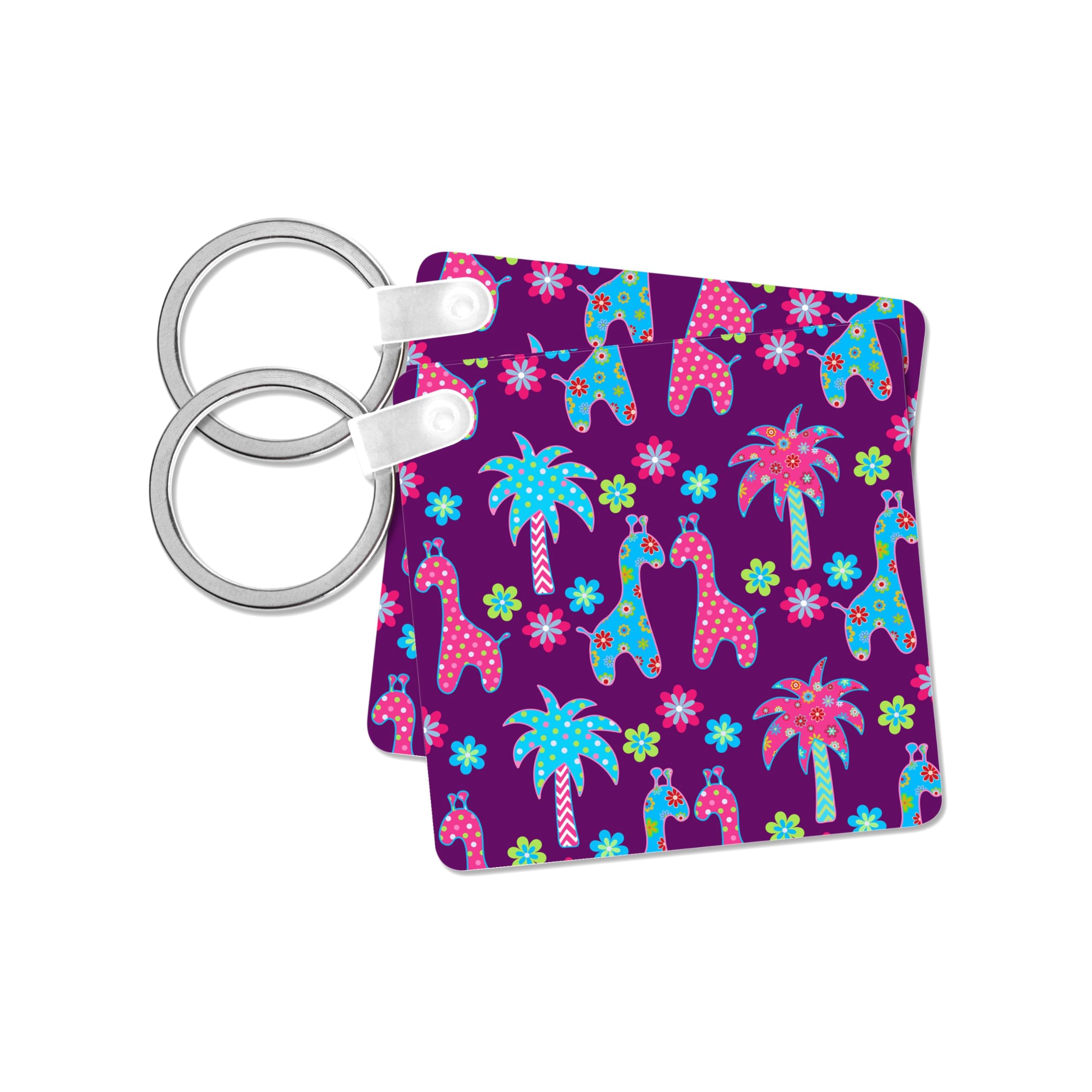3dRose, giraffe, palm trees, bright pink, flower pattern, bright blue, colorful, cute, for kids, set of 2 Key Chains