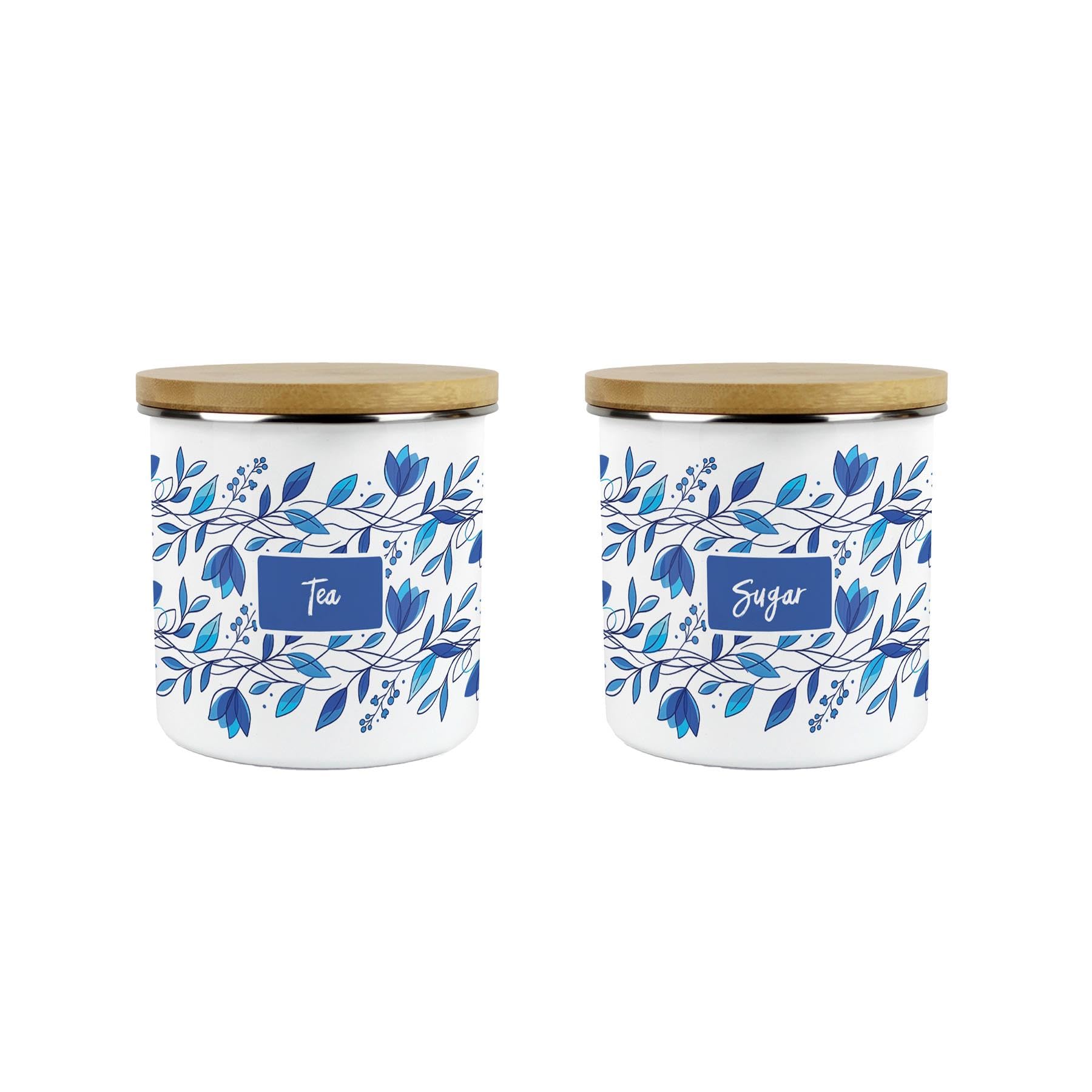 Purely Home Blue Petals Tea & Sugar Canisters - Floral 600ml Kitchen Containers