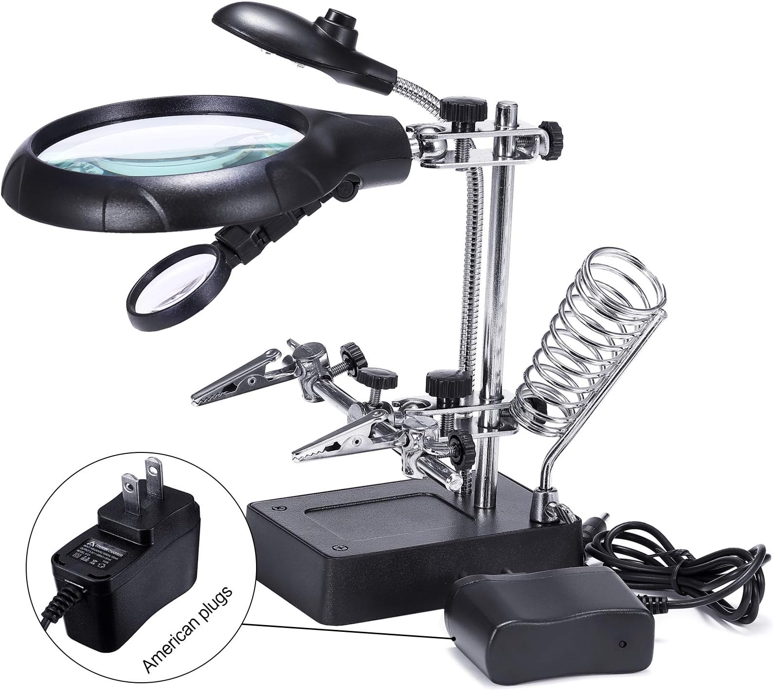 Basuwell 2.5X 7.5X 10X LED Light Helping Hands Magnifier Glass Stand with Alligator Clips, Adjustable Magnifying Glass for Reading, Repair, Crafts, Sewing