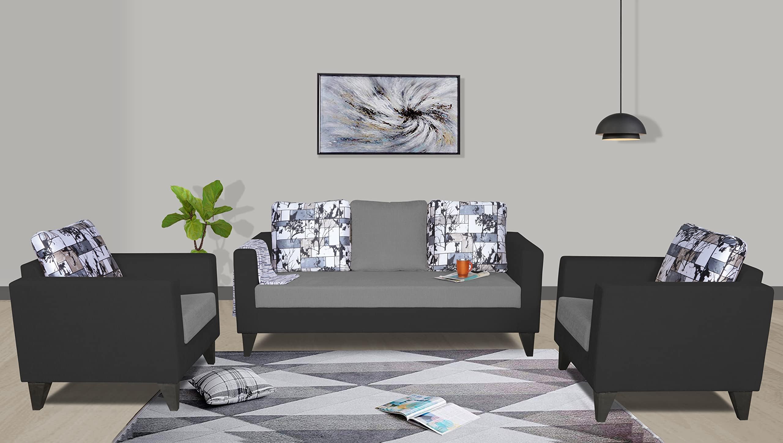 SofaArchitect Harellson 3-1-1 Five Seater Sofa Set Digitel Print (Grey & Black)