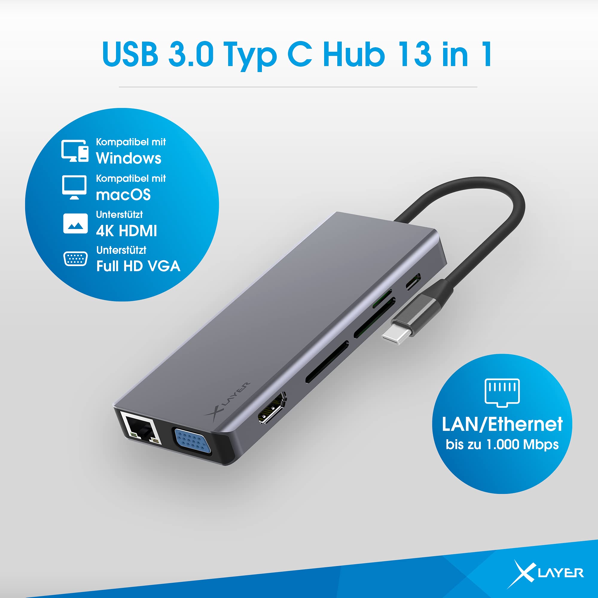 Xlayer Adapter USB C Hub MULTIPORT HDMI SD 4K stacja dokująca 3.0 kabel kompatybilny z MacBook Pro/Air, iPad Pro, Chromecast, Switch, urządzeń Windows 7 w 1 z Power Delivery Szary
