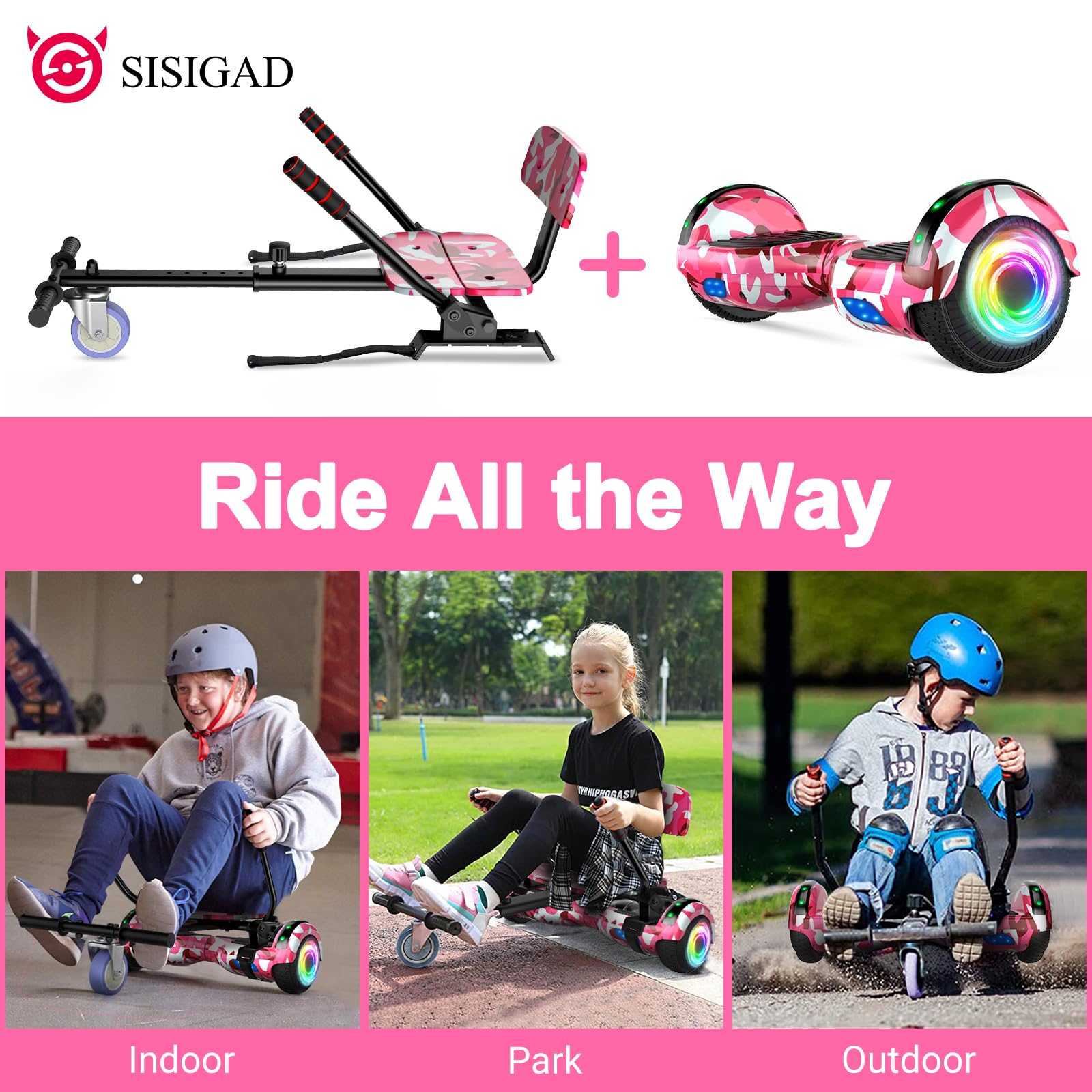 SISIGAD Hoverboard Go Kart Seat 16,5 cm Hoverboard avec lumières LED et haut-parleur Bluetooth, ensemble hoverboard Go Kart pour enfants, garçons et filles