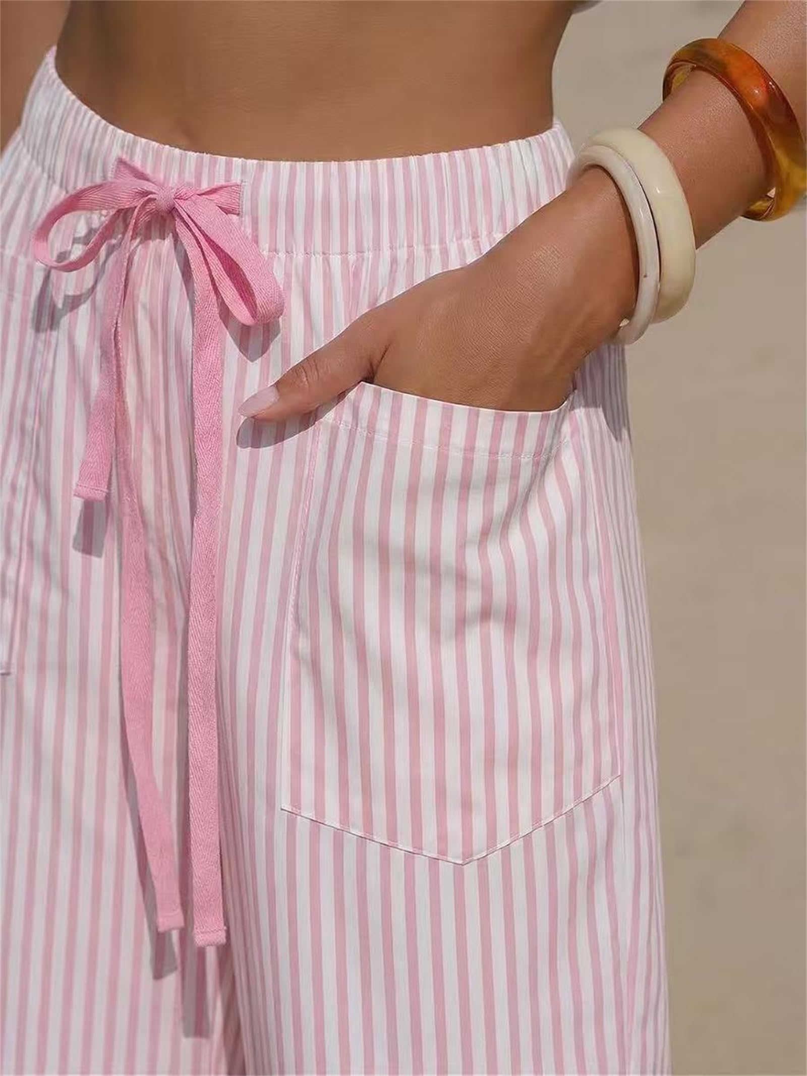 Pantaloni a barilotto da Donna a Righe in Simil Lino, Comodi e Estivi, con Coulisse e Tasche, Perfetti per la Spiaggia, Le Vacanze e Il Relax
