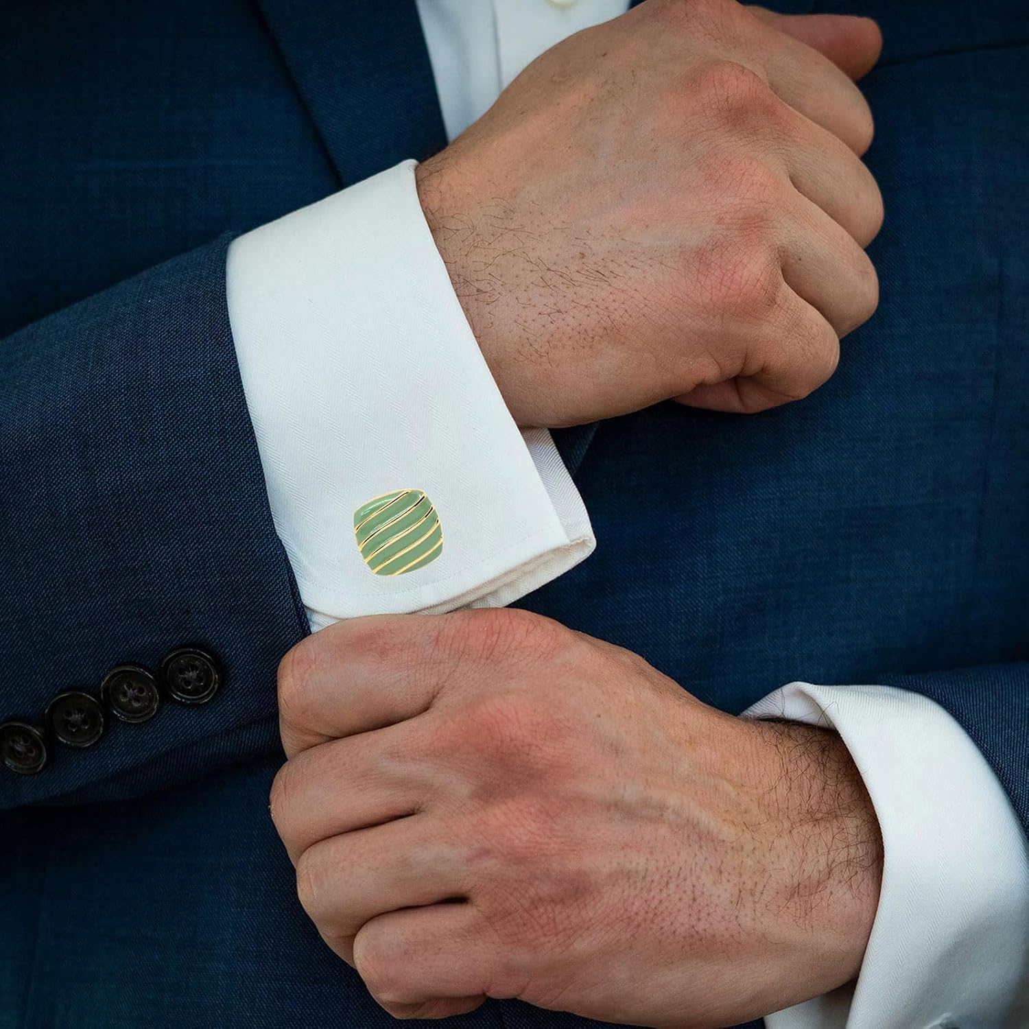 Square Cufflinks for Men/Lady Shirt with Green Stripes In Gift Box | Mens or Women Classic Cuff Links Set Jewelry for Wedding, Party, Daily, Office, Formal or Casual Wear Business Tuxedo Dress