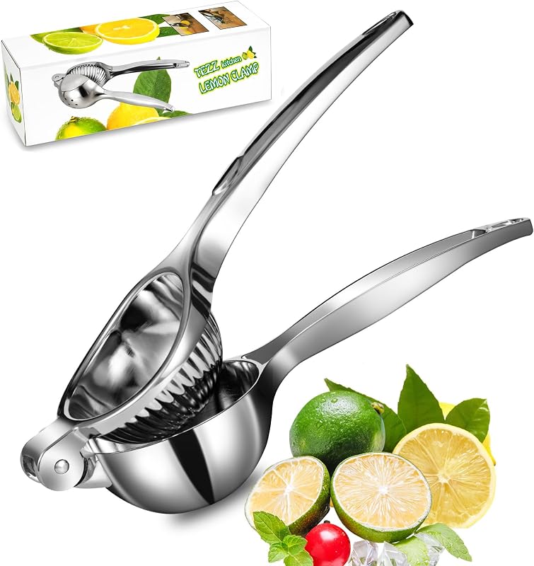 Exprimidor de limón TEZZ Premium, exprimidor manual grande y resistente para limón, exprimidor de cítricos con prensa manual de metal, herramienta de barra exprimidora de lima, prensa manual de cítricos | Tazón grande, mango ergonómico, prensa manual fácil para limones y limas.