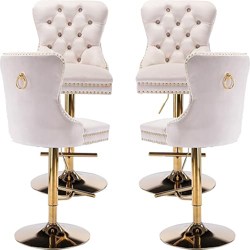 Beige Velvet Swivel Bar Stools Set of 4 with Upholstered Back, Adjustable Counter Height Barstools, Bar Chairs for Home Bar Kitchen Island Pub Restaurant (Velvet, 4 Pcs, Beige)