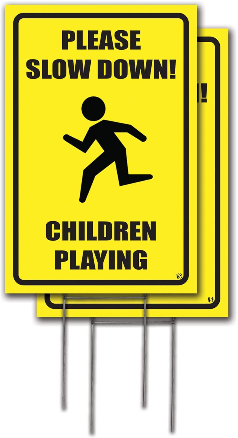 Visibility Signage 12x18 Please Slow Down Children Playing Lawn Signs with H-Stakes (2)
