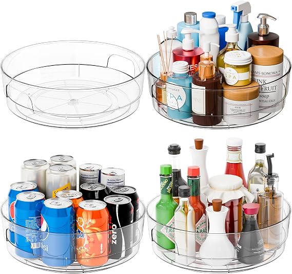 Yieach 4 Pack 12 W Clear Acrylic Lazy Susan Turntable for Cabinet,Refrigerator,Pantry and Kitchen - with Handle - Large Fridge Sauce Condiment Turn Table Organizer,Spinning Round Spice Rack Carousel