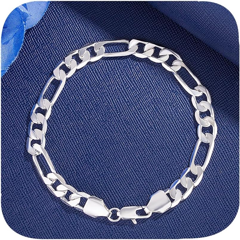 925 Sterling Silver Flat Figaro Chain Mariner Link Chain 8mm Solid Italy Link Women's Men's Bracelet 22 cm / 8.7 inches