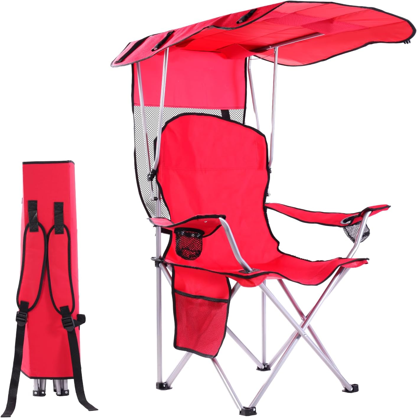 Portable Folding Camping Chairs with Canopy Shade, Beach Chair for Adults, Durable Weather Resistant 600D Oxford Cloth, Camping Chair with Canopy for Outdoors [Red]