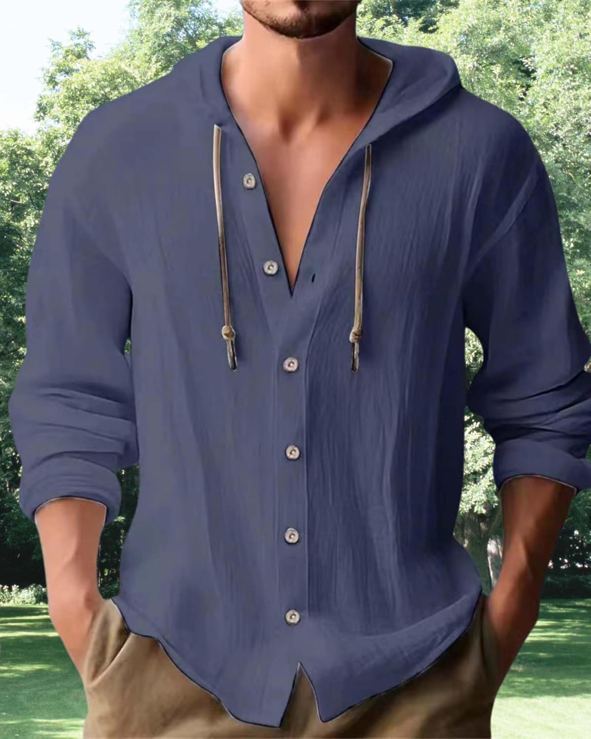 Cotton Linen Hoodie for Men Summer Casual Long Sleeve Button Down Hawaiian Beach Shirt Tops with Hood - Image 4