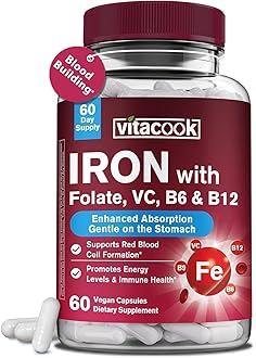 Vitacook Iron Supplement for Women & Men, Iron Bisglycinate with Vitamin C, B6, B12, Folate, Stomach Friendly, Non-Constipating, Blood Health & Energy Boost, 60 Vegan Caps