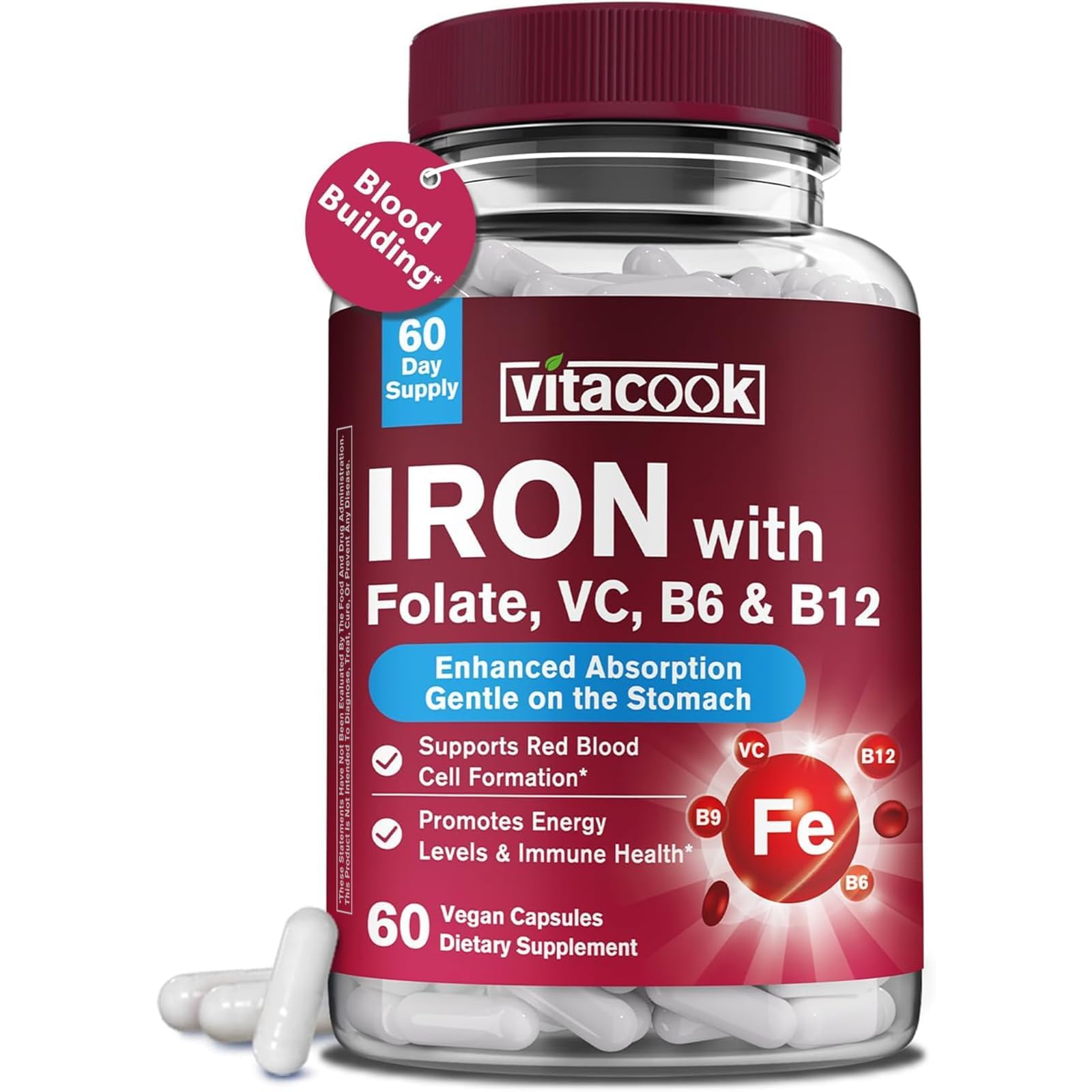 Iron Supplement for Women & Men, Iron Bisglycinate with Vitamin C, B6, B12, Folate, Stomach Friendly, Non-Constipating, Blood Health & Energy Boost, 60 Vegan Caps