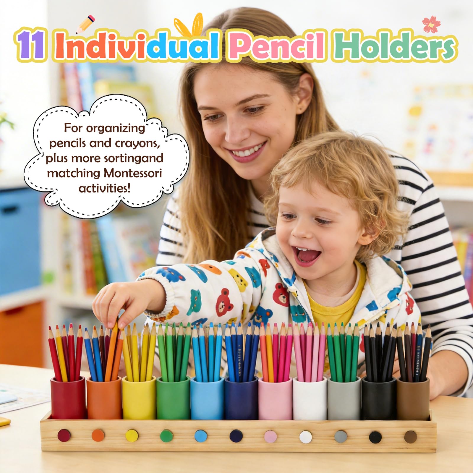 Portapenne e organizer da scrivania in legno massiccio, 11 scomparti, 46 x 5,8 x 8 cm, in legno con finestrelle, portapenne per scuola, home office e cameretta dei bambini