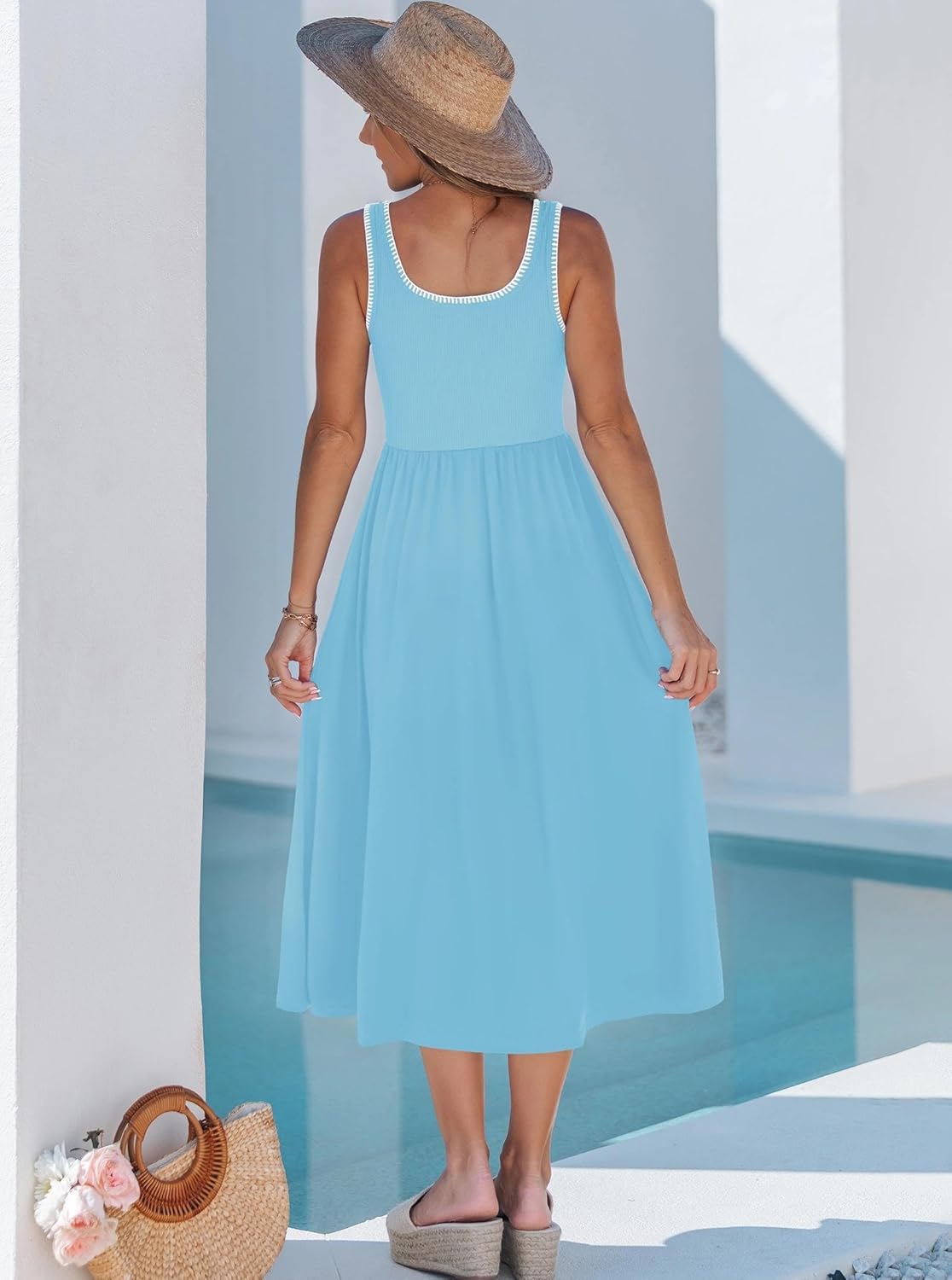 popvil Women A-Line Midi Dress 2026 Spring Summer Tank Top Square Neck Dress Casual Flowy Sleeveless Dress - Image 4