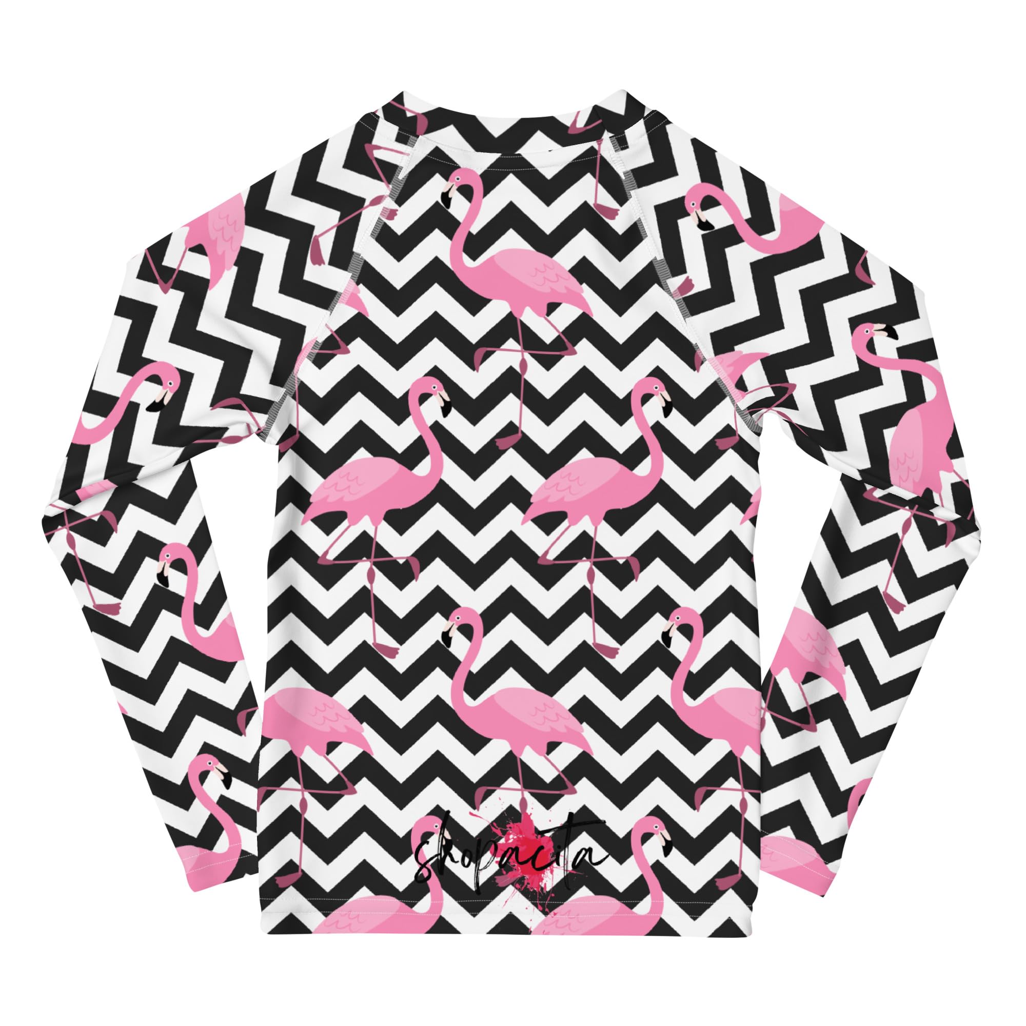 Rashguard Kinder Mädchen, Langarm, Badeshirt, Schwimmshirt, Sonnenschutz, Badebekleidung, Schnelltrocknend, UPF 50+, Rash Top mit Print, Rash Guard Shirt, UV Shutz, Zig Zag Flamingo, 92-128 cm (3)
