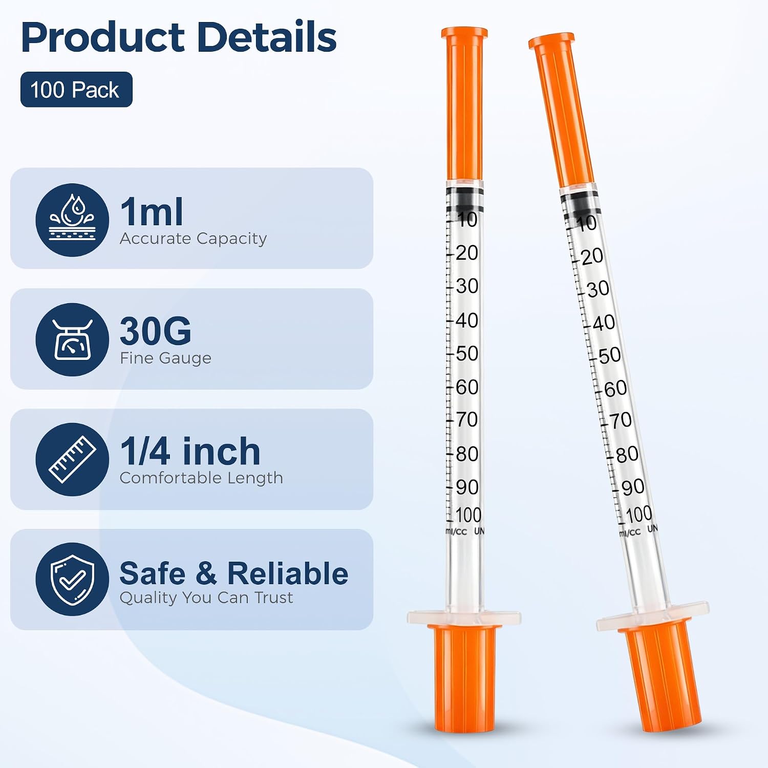 1 ml Syring 30G x 1/4’’ (6mm) ,Individually Package, Box of 100 | Single-Use Design | Easy-to-Read Scale | Leak-Resistant Plunger | Reliable Dispensing | Multi-Purpose Applications