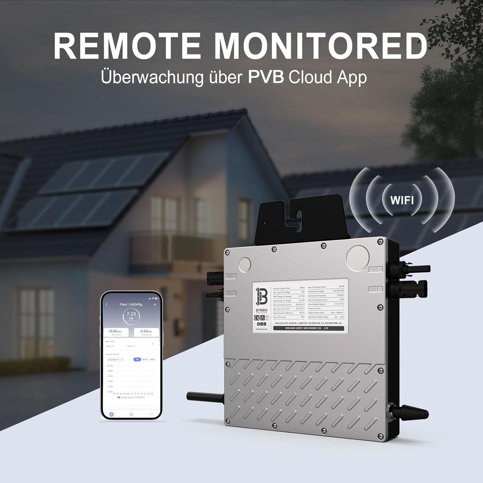 BENY Solar-Mikro-Wechselrichter 800 W - Wechselrichter verbunden mit dem Stromnetz mit WLAN- und APP-Steuerung, Leistung des Solarwechselrichters einstellbar von 800 W bis 600 W, IP67, 5 m langes