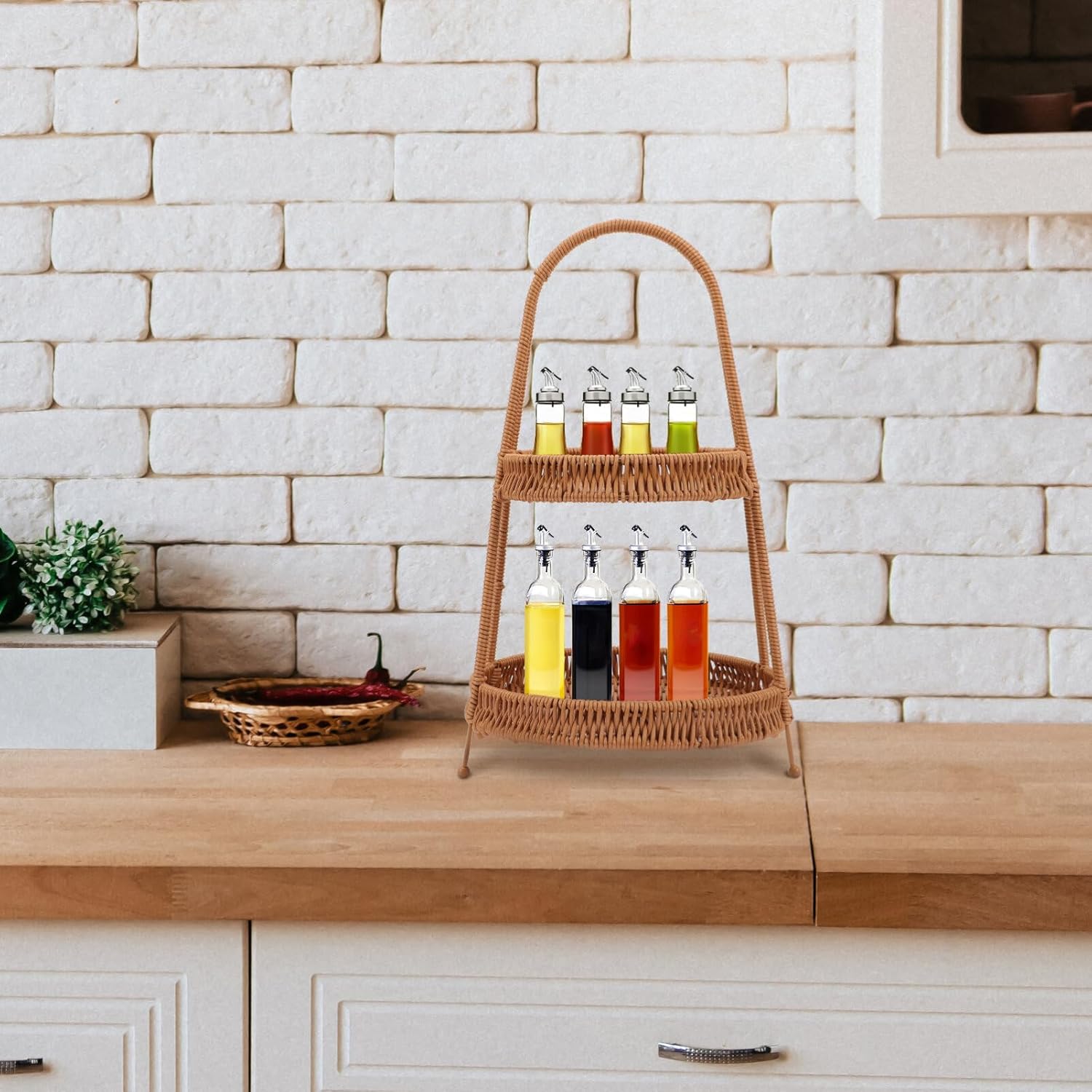 Kichvoe Handwoven Wicker Serving Baskets with Stand 2-tier Rattan Serving Tray Fruit Vegetable Storage Onions Bread Basket Cupcake Dessert Holder for Party Treats