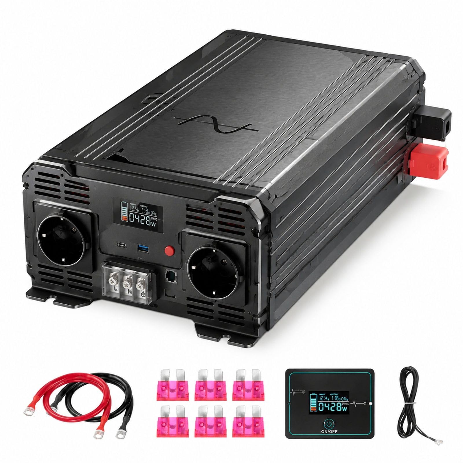 Falownik czystej fali sinusoidalnej 3500 W, 12 V DC do 230 V AC, ekran LCD, obudowa ze stopu aluminium, 2 gniazda do auta kampera domu