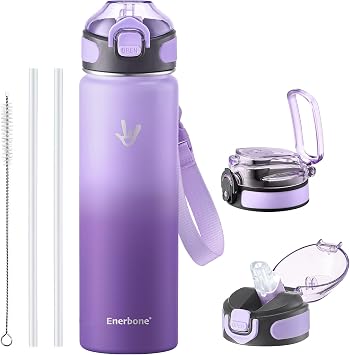 Enerbone 24 oz Insulated Water Bottle, 24oz 2 Lids with Straw/No Straw, Stainless Steel Double Wall Flask for Hot & Cold Drinks, Leakproof Travel Bottle for Gym, Office, Hiking