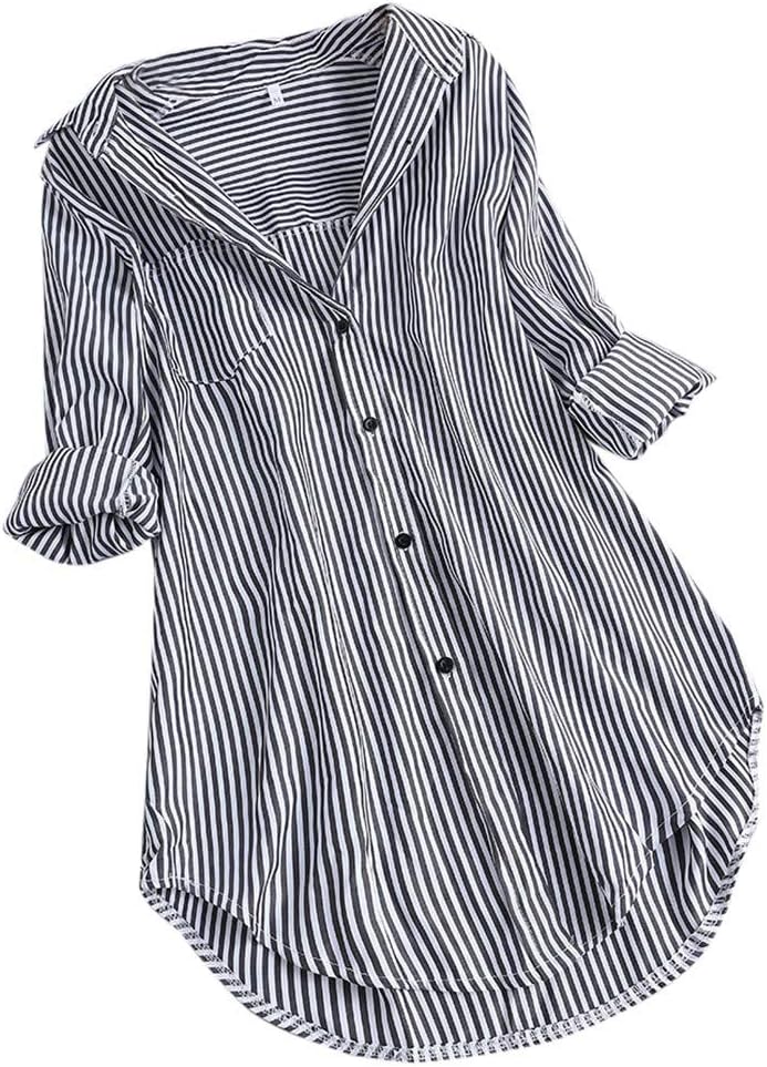 VJGOAL Women's Oversize Fit Shirts and Blouses Long Sleeve Lapel Plus Size Button Up Vintage Casual Turn Up Sleeve Tops