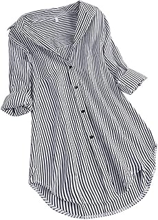 Women Long Sleeves Shirt ❀ Ladies Chic Stripe Turn-down Collar Button Loose Top Shirts Blouse Solid Casual Long Tunic Tops