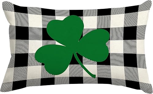 GOOESING Fundas de almohada de trébol del Día de San Patricio de 16 x 24 pulgadas, color negro y blanco, a cuadros, trébol verde, funda de cojín